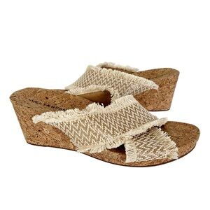 Lucky Brand Sandals Women's Sz 10 Khillian Stone Open Toe Woven Cork Wedge Slide